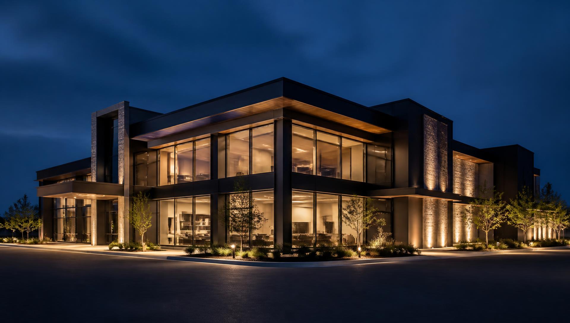 Completed contemporary commercial building at blue hour